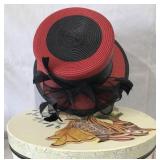 HAT - RED & BLACK "STRAW" W/BLACK BOW / FEATHERS