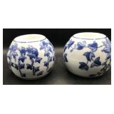 PAIR BLUE WHITE CHINA  CANDLE HOLDERS 2.75' TALL