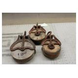 (3) Vintage Cast Iron And Wood Barn Pulleys