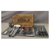 Crate of Assorted Cooking Knives & Sharpeners