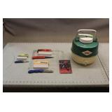 Vintage Coleman Water Jug & (4) Pocket Knives