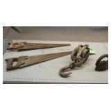 (2) Antique Saws, Pulley & Clothes Iron
