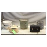 (3) Vintage Buckets, Tea Pot & Lunch Box