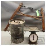 Vintage Scale, Tin Water Can & Samson Buck Saw