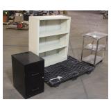 Metal Shelf W/ Rolling Supply Cart And File Cabine