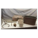 Antique Tub W/ Hay Hooks, Pulley, And Containers