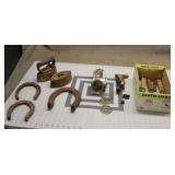 Tote W/ Irons, Horseshoes, Meat Grinder, And Knive