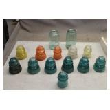 (12) Antique Glass Insulators W/ (2) Green Jars