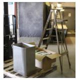 Trash Can, Wooden Ladder & Case of Scrub Sponges