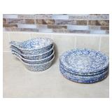 Roseville Blue Spongeware Handled Bowl And Plate Roseville Blue Spongeware Handled Bowl And Plate