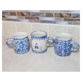 3 HENN POTTERY ~ BLUE SPONGE Mugs 3 HENN POTTERY ~ BLUE SPONGE Mugs