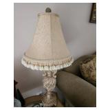 Ornate Table Lamp with Tassel-Trimmed Fabric Shade