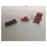 Three Cast Iron Miniatures: Fire Truck, Car, and S