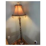 Ornate Floor Lamp with Fabric Shade and Brass-Tone