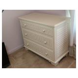 White Wooden Dresser with Three Wicker-Accented Dr