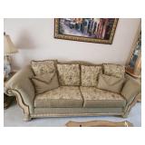 Beige Upholstered Sofa with Carved Wood Accents, 4