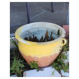 Yellow and Terracotta Ceramic Pot with Dual Handle