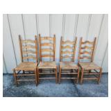 Four Wooden Ladder-Back Chairs with Rush Seats and