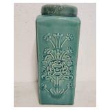 Green Ceramic Tea Canister with Embossed Floral De