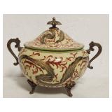 Covered Ceramic Dish with Ornate Handles and Scrol