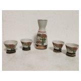 Japanese Ceramic Sake Set with Floral and Bamboo M