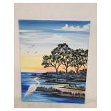 Acrylic Painting of Coastal Scene with Heron on Ca