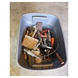 Plastic Bin of Assorted Hand Tools and Materials