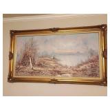 Framed Oil Painting of Lakeside Scene