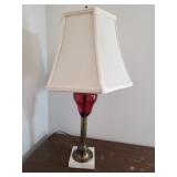 Table Lamp with Red Glass Stem and Fabric Shade