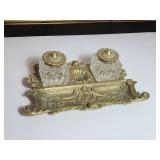 Ornate Brass Double Inkwell with Glass Inserts