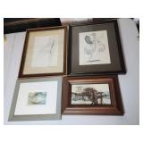 Four Framed Artworks Including Drawings and Painti
