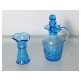Blue Crackle Glass Pitcher and Vase