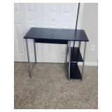 Compact Desk with Metal Frame and Blue Shelves