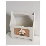 White Wooden Magazine Holder with Sailboat Detail