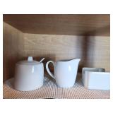 White Porcelain Sugar, Creamer, and Spoon Set