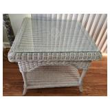 White Wicker End Table with Glass Top