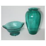 Teal Ribbed Glass Bowl and Vase