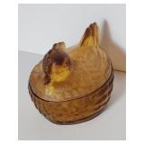 Amber Glass Hen on Nest Dish