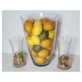 Three Glass Vases with Faux Fruit and Marbles