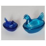 Blue Glass Hen on Nest Dishes