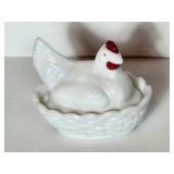 White Milk Glass Chicken on Nest