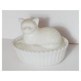 White Milk Glass Lying Cat Dish