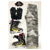 Snowboarding Boots, Gloves, Pants, and Goggles Lot