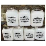 (7) Milk Glass Spice Jars w/Metal Shaker Lids