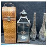 Wine Bottle Carrier, (2) Chromed Ceramic Vases &