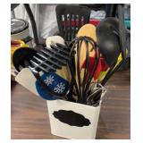 Metal Tin of Kitchen Utensils & Spatulas