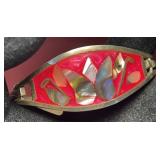 Floral Inlayed Alpaca Silver Hinged Cuff Bracelet