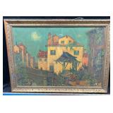 Antique Framed European Town Scene Print