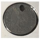 1942-F German 1 Pfennig Coin WWII