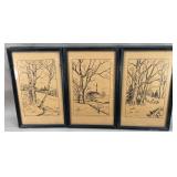 (3) Pen & Ink Drawings by JKW, Framed